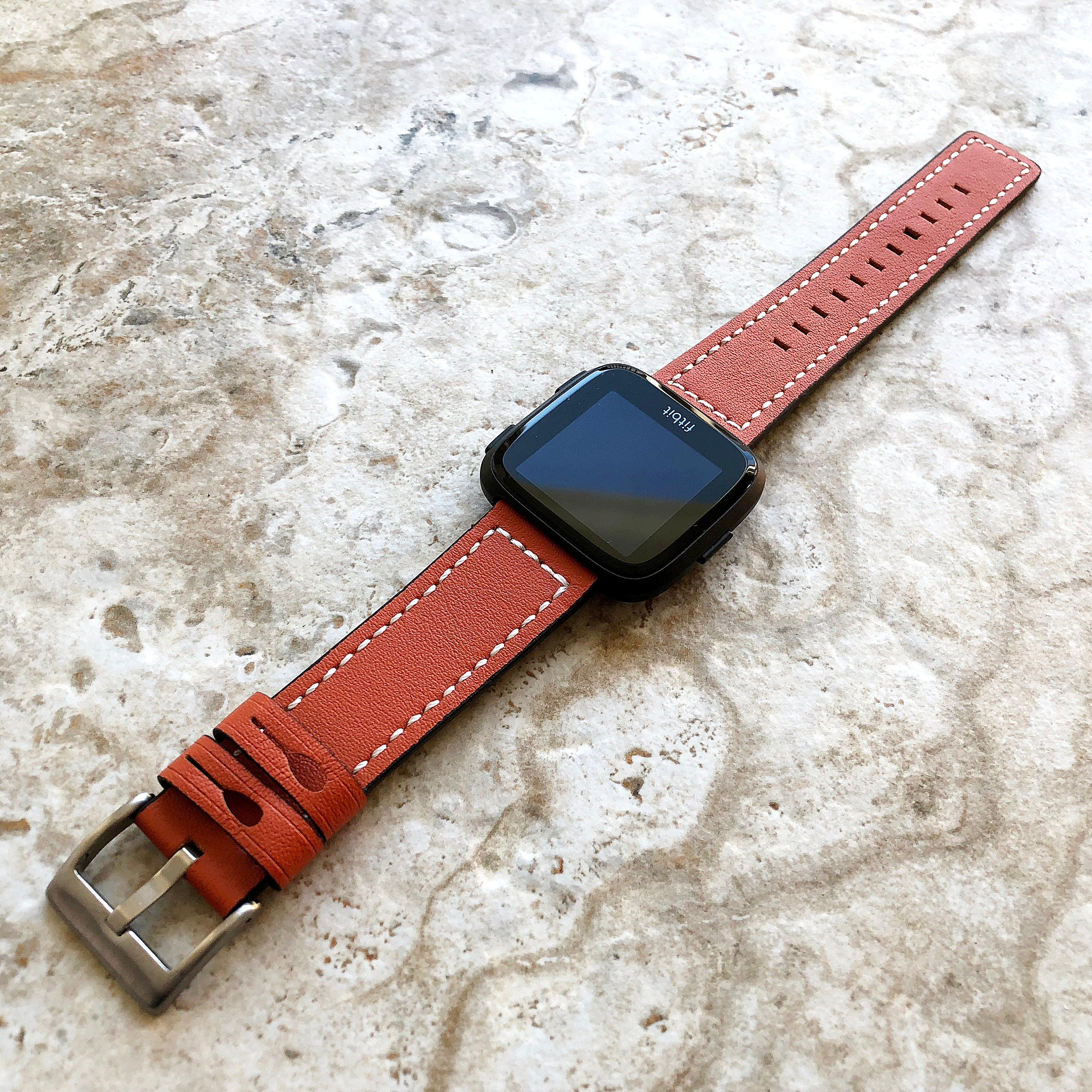 Bands for Fitbit Versa 2 3 4 Sense 2 Orange Leather White Stitches Modern Strap Quick Release Pins Adapters Silver Rose Gold Black Buckle